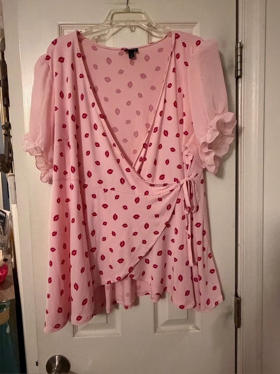 torrid Tops - Torrid Pink Wrap Blouse with Red Lip Print